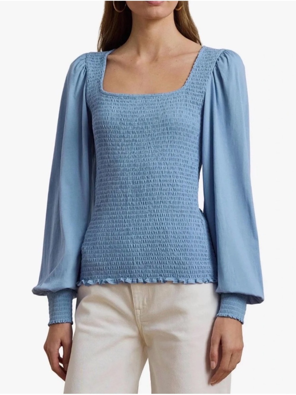 NEW Lauren Ralph Lauren XS Blue Smocked Square Neck Puff Long Sleeve Blouse